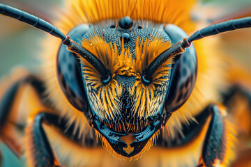 Close-up portrait of an insect. Bee head macro photography