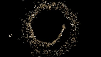 Golden metallic 3d numbers form and follow a spiral past the camera. Comes with the Alpha matte - Powered by Adobe