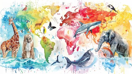 Artistic watercolor showing a colorful alphabet chart with illustrations of animals from around the world next to their corresponding letters