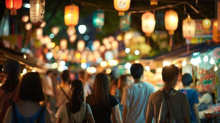 A group of individuals walking together down a city street illuminated by streetlights at night.