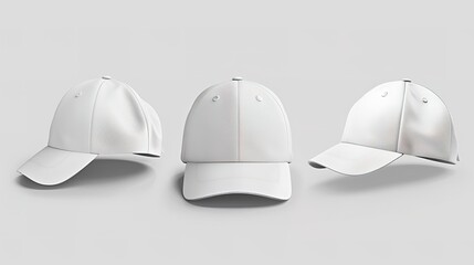 Blank white baseball caps ready for branding on neutral background