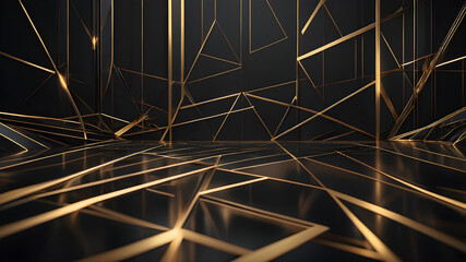 Abstract illustration of luxurious black lines on a dark background with golden accents and geometric shapes