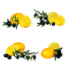 Olive branches and juicy lemons set, Mediterranean citrus composition, hand-painted watercolor wall art for printing on invitations, labels, product packages, kitchen, restaurant design and decoration