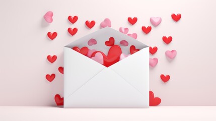 A white envelope with hearts inside is filled with a message that says love.