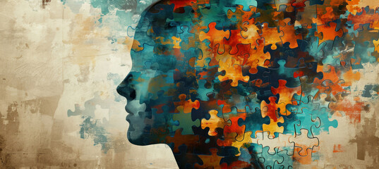 Abstract puzzle pieces forming a woman's head on colorful background Concept of complexity and mystery in human mind