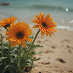 a three orchids that are growing out of the sand