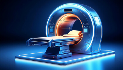 Close-up of a MRI machine, 3D rendering of a magnetic resonance imaging machine on a dark blue background with copy space. Scan device concept. Generative Ai.