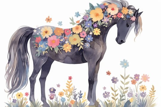 Beautiful black horse with colorful flowers on its mane