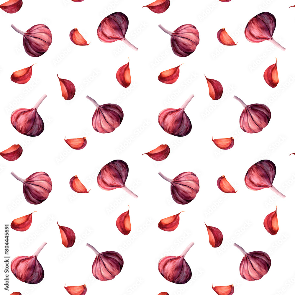 Wall mural garlic bulb and cloves. seamless watercolor pattern for prints on wallpaper, textiles, scrapbooking 