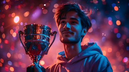 Young man holding a trophy with colorful bokeh lights in the background. Celebration and success concept. Studio portrait for design and print