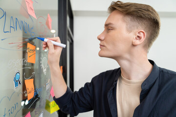 Professional caucasian male leader writing and sharing marketing idea by using mind map and sticky notes on glass board at modern meeting room. Creative business and planing concept. Immaculate.