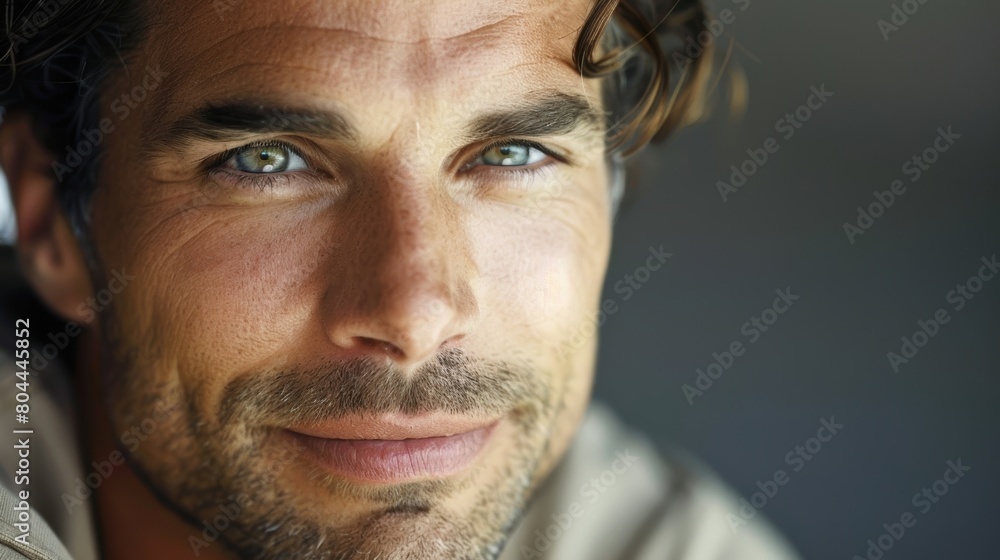 Poster a closeup of a man with a subtle smirk highlighting the softness in his features and capturing his q