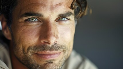 Obraz premium A closeup of a man with a subtle smirk highlighting the softness in his features and capturing his quiet confidence.