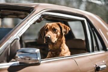 A brown dog sitting inside a car.