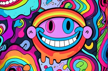 Experience the whimsical fun of vibrant psychedelic patterns with colorful cartoon faces melting with smiles. This retro style design exudes fun charm with its unique design. Generative AI