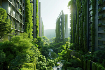 Cityscape with Vertical Gardens Lush Green Plants Growing on Buildings in Urban Area
