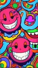 Experience the whimsical fun of vibrant psychedelic patterns with colorful cartoon faces melting with smiles. This retro style design exudes fun charm with its unique design. Generative AI