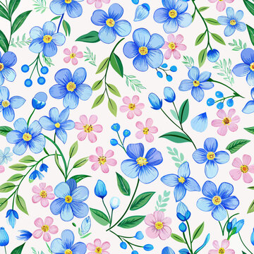 blue spring flowers and leaves pastel seamless pattern background