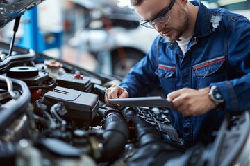 Mechanic diagnosing car issues with modern diagnostic tools, Mechanic in blue uniform consults digital tablet amid car engine components, glasses on, signifies meticulous diagnostic process. - Powered by Adobe