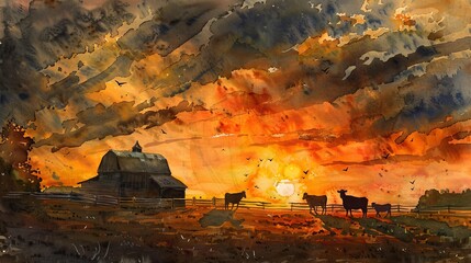 Charming watercolor painting of a farm scene at sunset, with silhouettes of horses and cows against a warmly lit sky