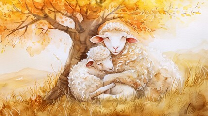 Cheerful watercolor of a sheep with its lamb under a tree, fluffy textures and warm colors creating a cozy, welcoming scene