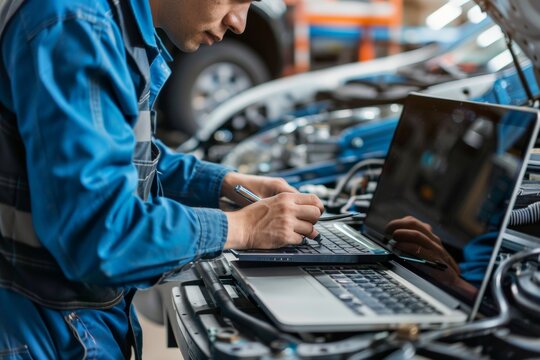 Mechanic diagnosing car issues with modern diagnostic tools, Adult male in blue mechanic uniform uses laptop for vehicle diagnostics, writes notes. Focus on concentration.