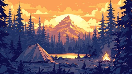 A vector illustration of a camping scene with tents and campfires