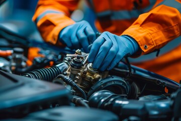 Mechanic replacing car parts, Technician in orange and blue attire, blue gloves, assembles engine component, detailed machinery, reflects precision, skilled labor.