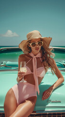 Glamorous woman enjoying wine on vintage car. Fashionable woman in stylish swimwear sipping white wine while sitting on the hood of a classic car under summer sunny azure sky and the sea.