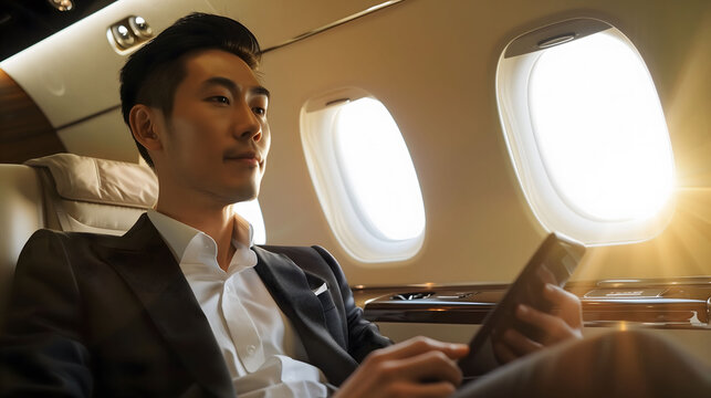 Business man travelling aboard a private jet