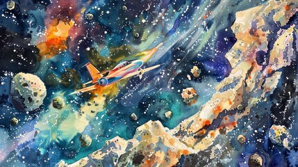 Delightful watercolor showing a series of small planes navigating through an asteroid belt, educational and entertaining