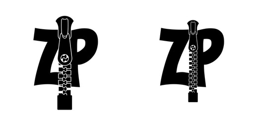 slogan zip file logo. Compression documents. Computer document icon. Reduce file size. Extension name .EXE. Zip fastener with zipper puller. Set of closed and open with fastener. Unzip, closed zip.