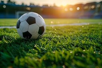 A vibrant image capturing a close-up of a black and white soccer ball resting on a lush green field, illuminated by the warm rays of the sun setting in the background.  - Powered by Adobe