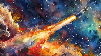 Dynamic watercolor of a rocket launching into a star-filled sky, the trail of the rocket painted in bright, explosive colors to captivate children
