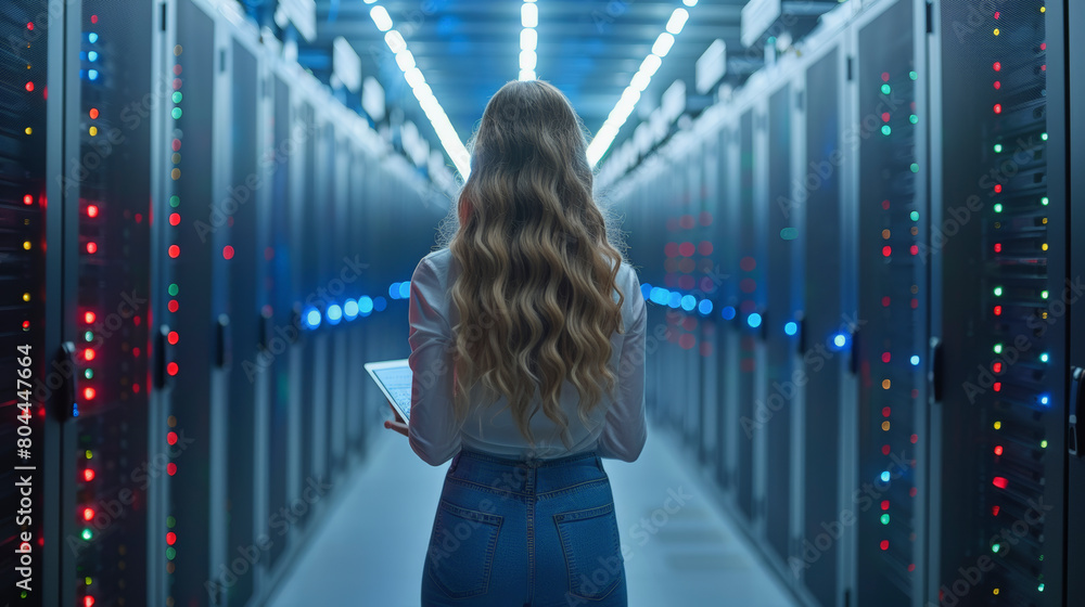 Poster a woman with a tablet stands in a data center with rows of server racks, suggesting she is monitorin