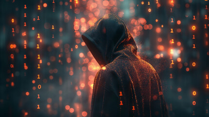 Anonymous hacker with a glowing data background, design resource for wallpaper, illustration, book, magazine, website, future and cybersecurity concept, 