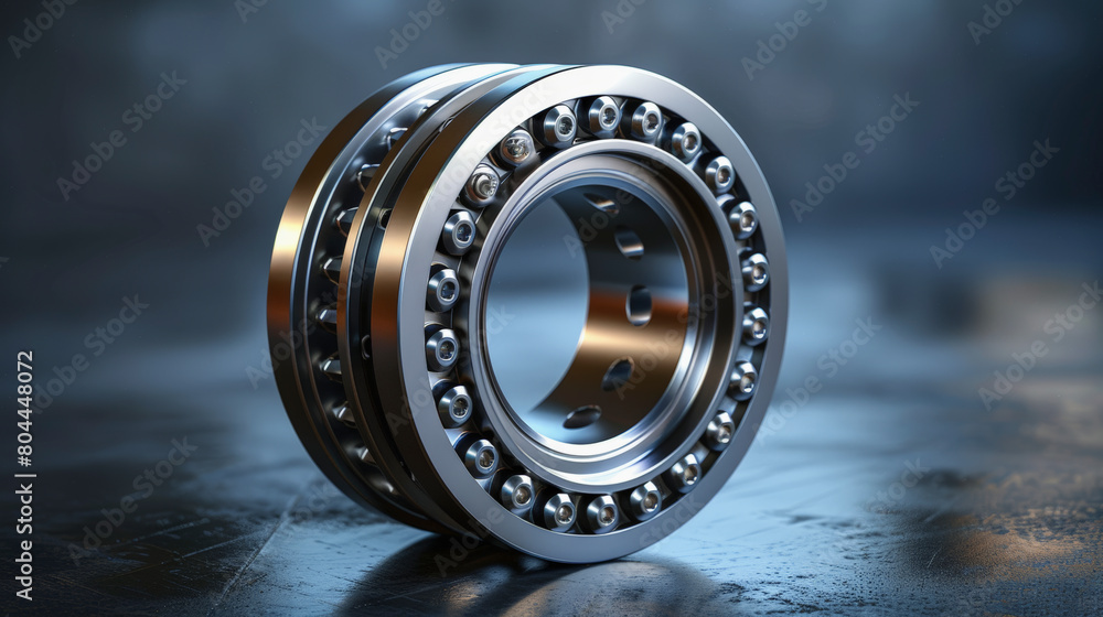 Poster a 3d rendering of a shiny ball bearing on a metallic surface, highlighting its spherical rolling ele