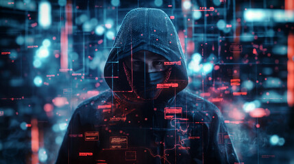 Anonymous hacker with a glowing data background, design resource for wallpaper, illustration, book, magazine, website, future and cybersecurity concept, 