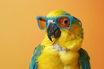 Creative animal theme: A parrot wearing sunglasses, set against a solid pastel background for a commercial or editorial advertisement, showcasing a touch of surrealism.