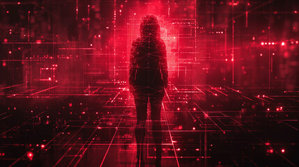 Anonymous hacker with a glowing data background, design resource for wallpaper, illustration, book, magazine, website, future and cybersecurity concept, 