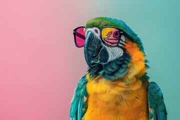 Creative animal theme: A parrot wearing sunglasses, set against a solid pastel background for a commercial or editorial advertisement, showcasing a touch of surrealism.