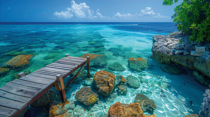 Nature panoramic landscape: Amazing Panorama crystal clear sea with coral stone and scenery wooden...