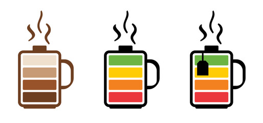 Coffee charge, loadiHot coffee charge, loading indicator. Mug with battery charge. Coffee a clock or tea time. Beverage logo. Work, Life balance concept for full ng indicator. Mug with battery charge.