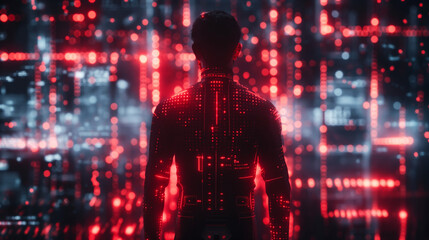 Anonymous hacker with a glowing data background, design resource for wallpaper, illustration, book, magazine, website, future and cybersecurity concept, 