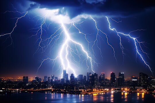 City building with bright lightning strike in a thunderstorm at night.