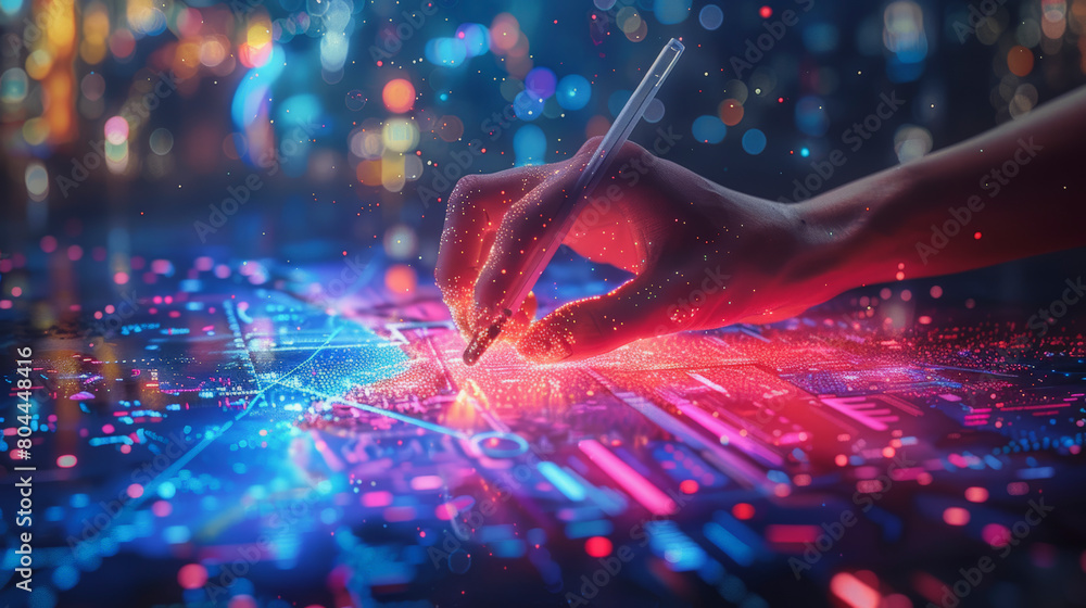 Poster a hand with a stylus interacting with a futuristic, holographic interface with glowing blue and red 