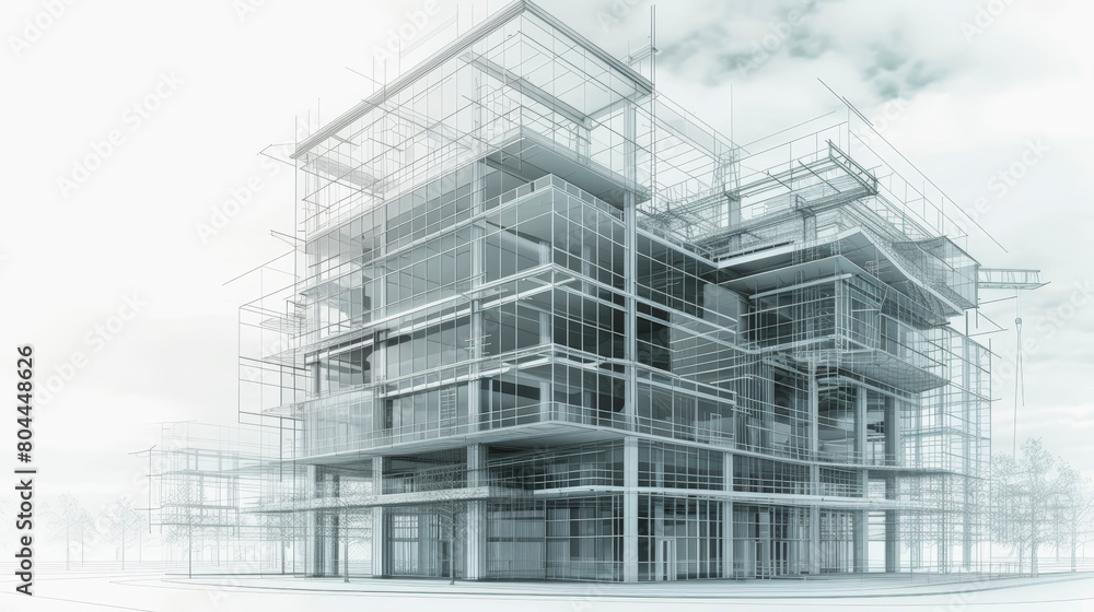 Poster an architectural rendering of a modern multi-story building framework with scaffolding, depicted in 
