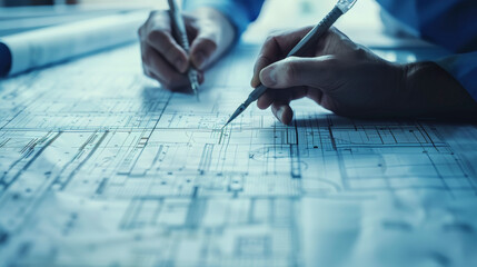 Two individuals reviewing and working on architectural blueprints with pens, highlighting the detailed planning phase of a construction or engineering project.