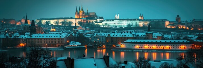 Fototapeta premium Beautiful historical buildings in winter with snow and fog in Prague city in Czech Republic in Europe.