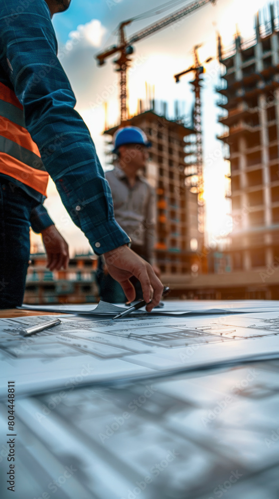 Poster construction workers with safety vests examining blueprints on a site with cranes and scaffolding in